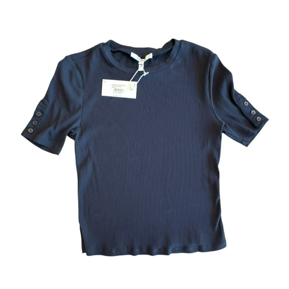 Derek Lam 10 Crosby Adrian Ribbed Top Medium Night Sky Navy Button Sleeve NWT Ne